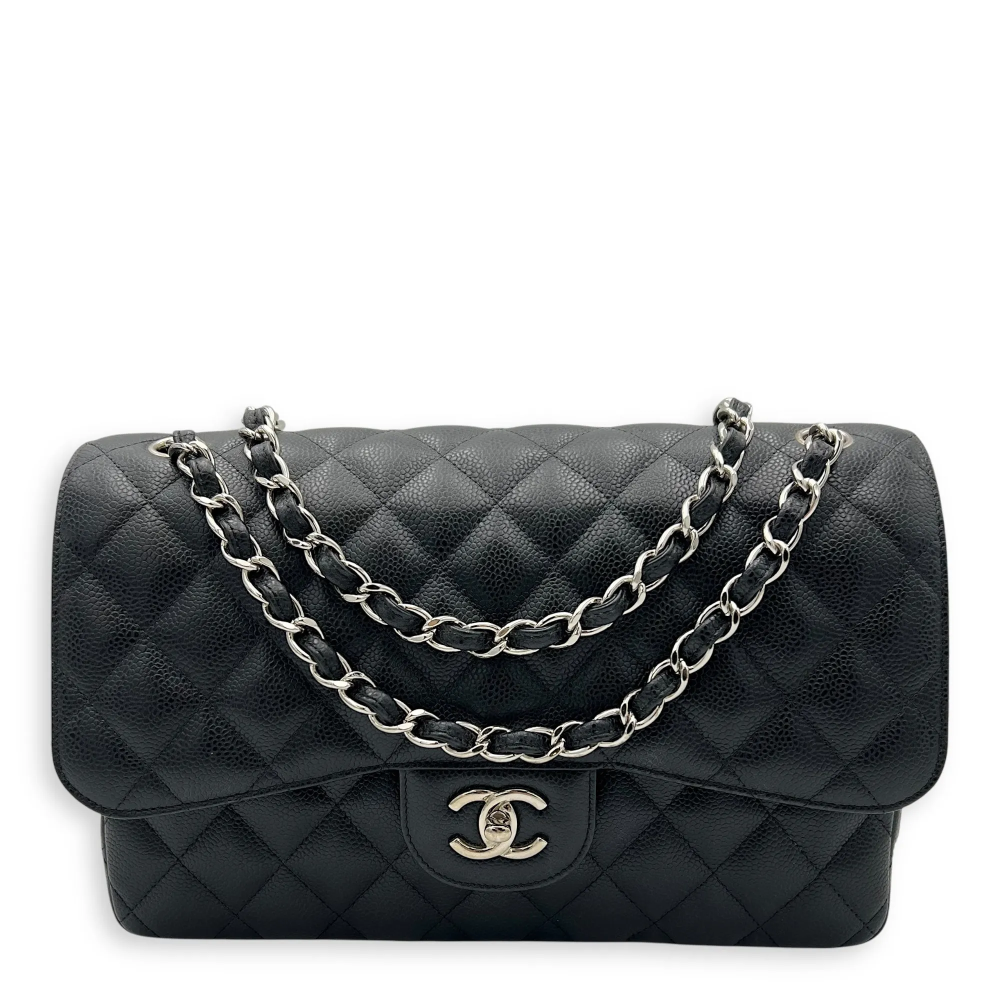 Classic Double Flap Jumbo Black Shoulder Bag in Caviar Leather, Silver hardware