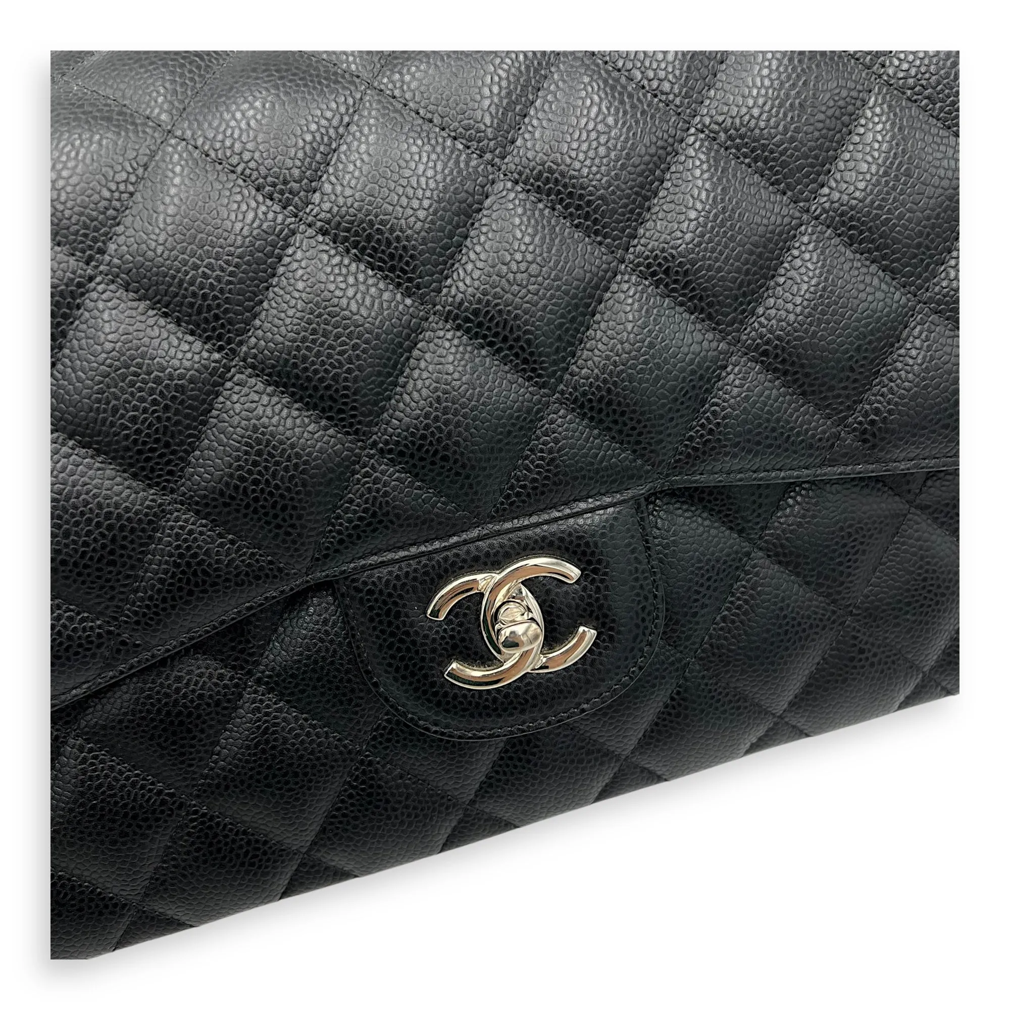 Classic Double Flap Jumbo Black Shoulder Bag in Caviar Leather, Silver hardware