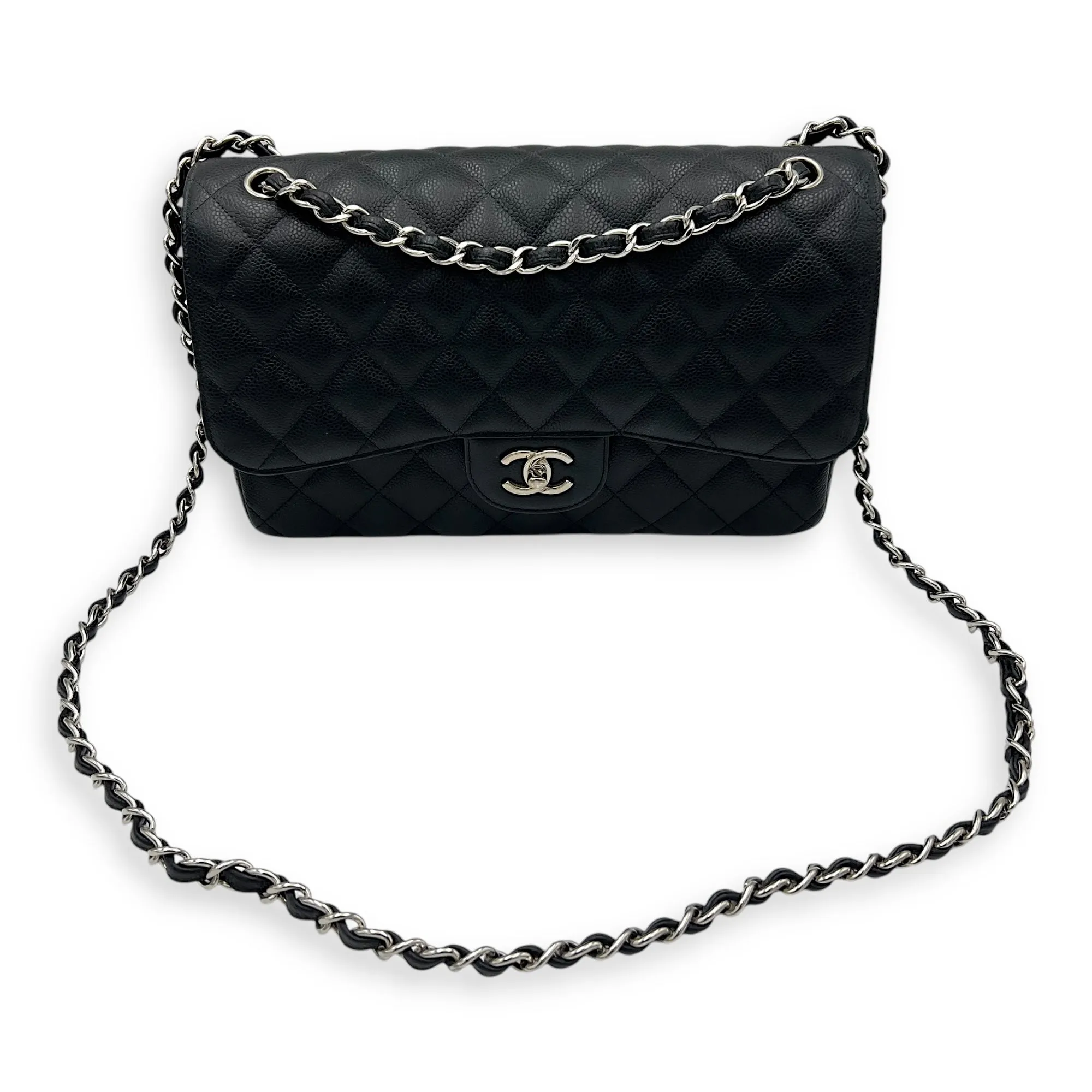 Classic Double Flap Jumbo Black Shoulder Bag in Caviar Leather, Silver hardware