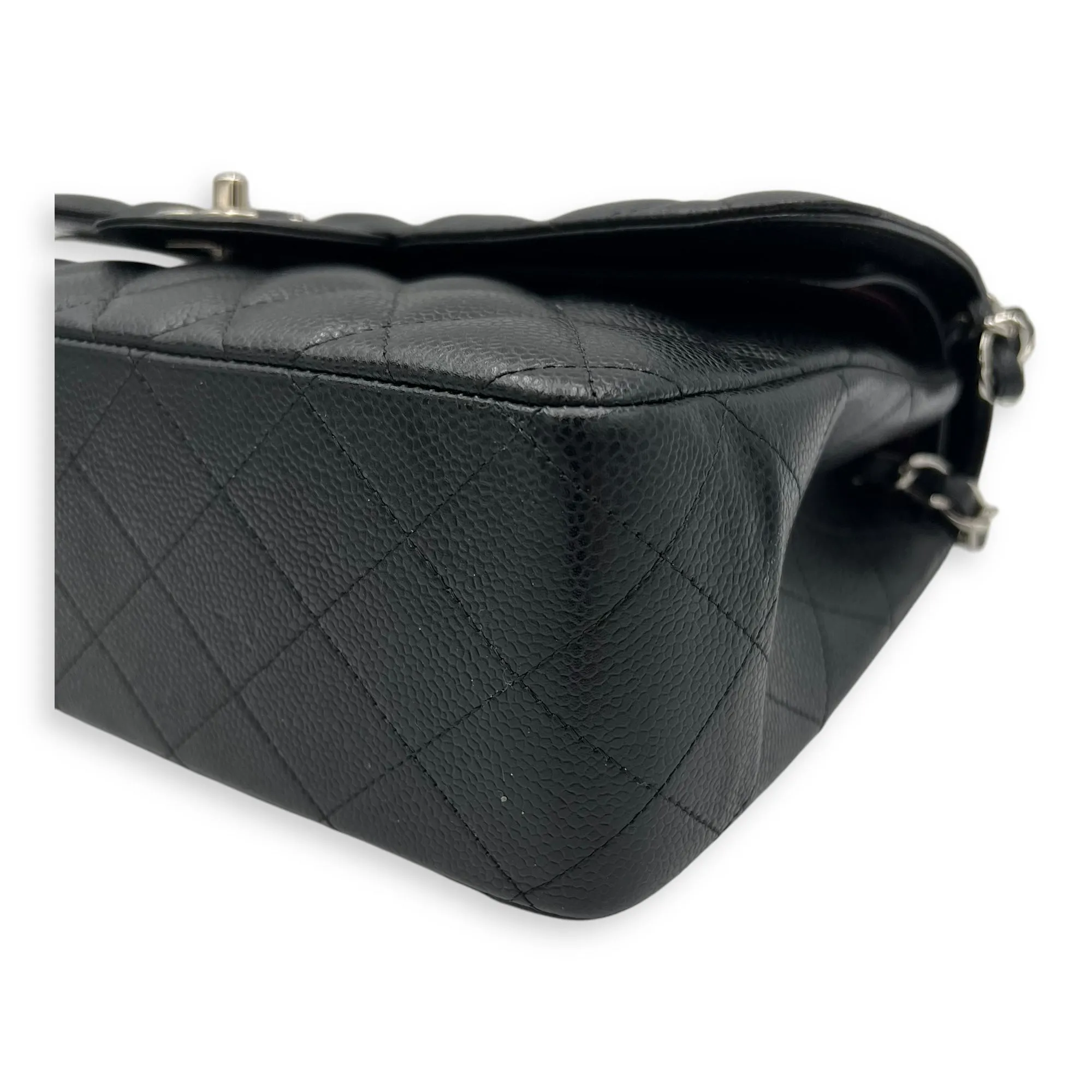 Classic Double Flap Jumbo Black Shoulder Bag in Caviar Leather, Silver hardware