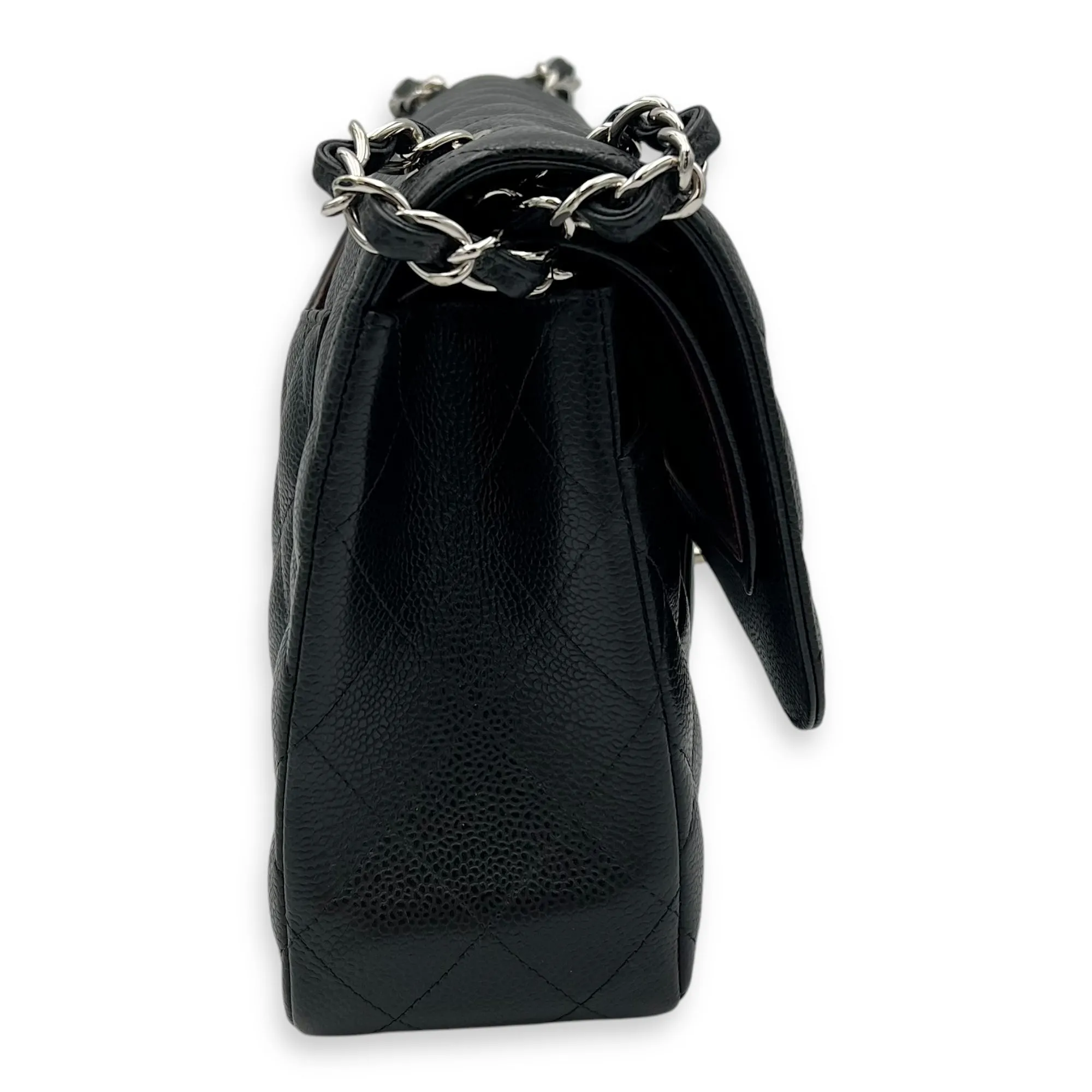 Classic Double Flap Jumbo Black Shoulder Bag in Caviar Leather, Silver hardware