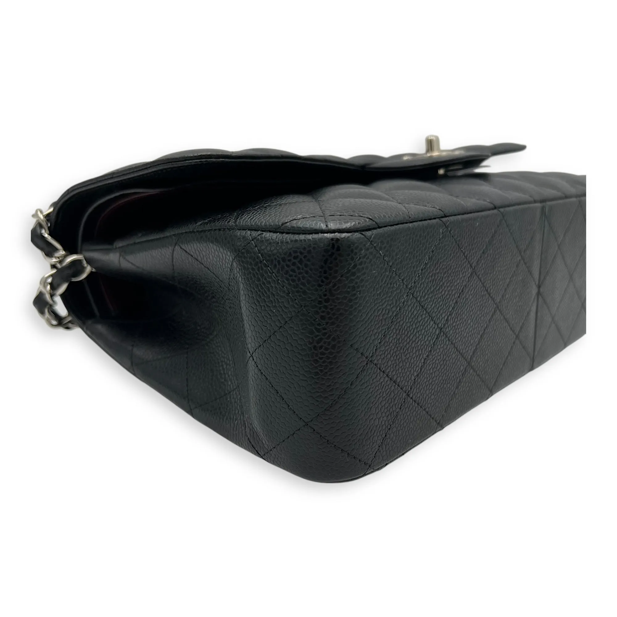 Classic Double Flap Jumbo Black Shoulder Bag in Caviar Leather, Silver hardware