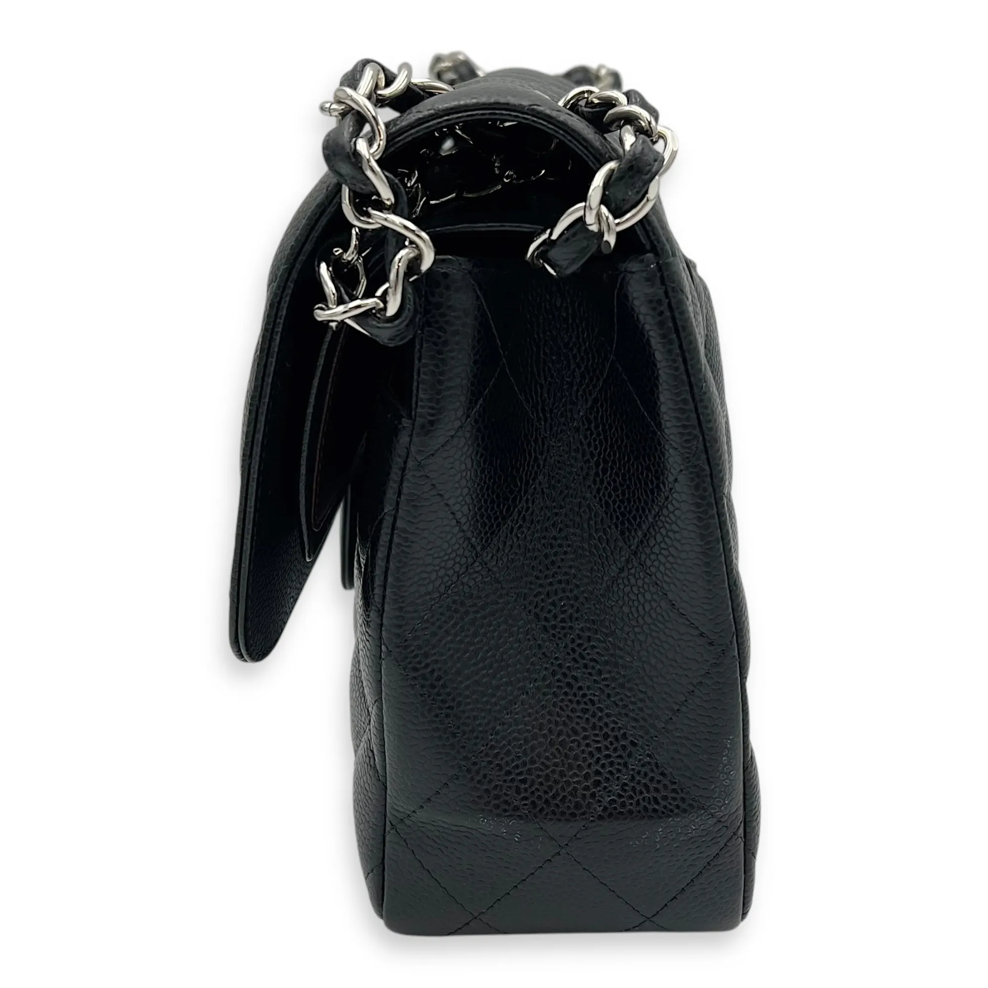 Classic Double Flap Jumbo Black Shoulder Bag in Caviar Leather, Silver hardware
