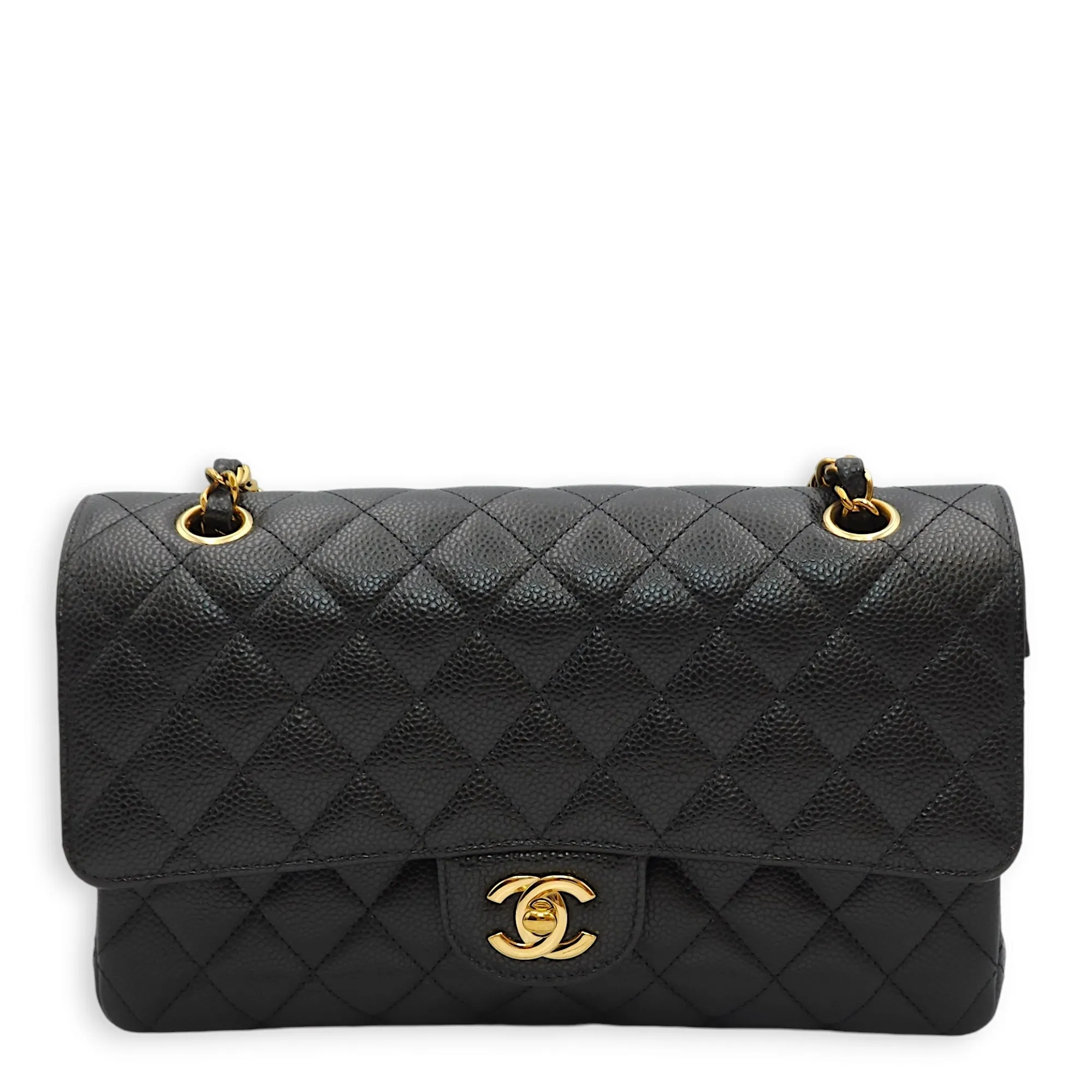 Classic Double Flap Medium Black Shoulder Bag in Caviar Leather, Gold hardware
