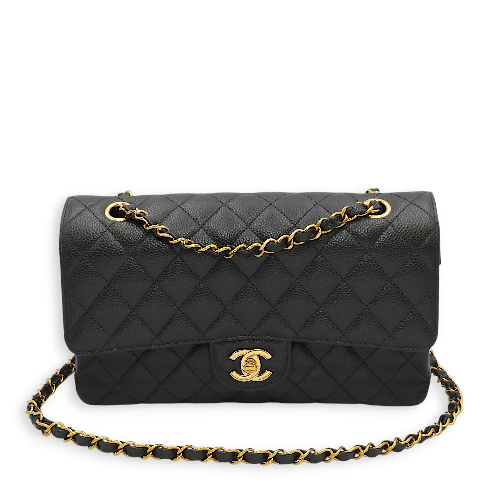 Classic Double Flap Medium Black Shoulder Bag in Caviar Leather, Gold hardware