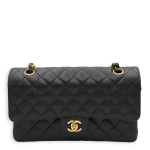 Classic Double Flap Medium Black Shoulder Bag in Caviar Leather, Gold hardware