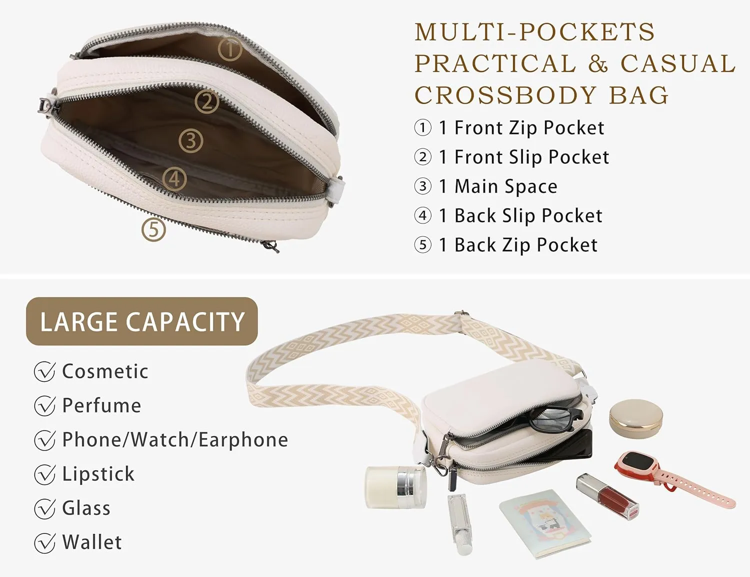 Crossbody Purse for Women with Adjustable Wide Guitar Strap, Small Vegan Leather Cross Body Camera Shoulder Bags