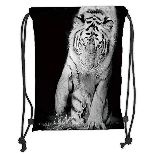 Custom Printed Drawstring Sack Backpacks Bags,Tiger,Black and White Image of Large Cat Playing with