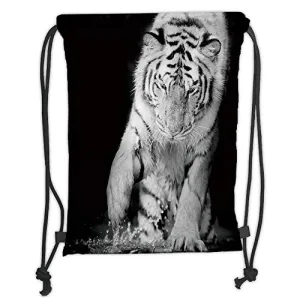 Custom Printed Drawstring Sack Backpacks Bags,Tiger,Black and White Image of Large Cat Playing with