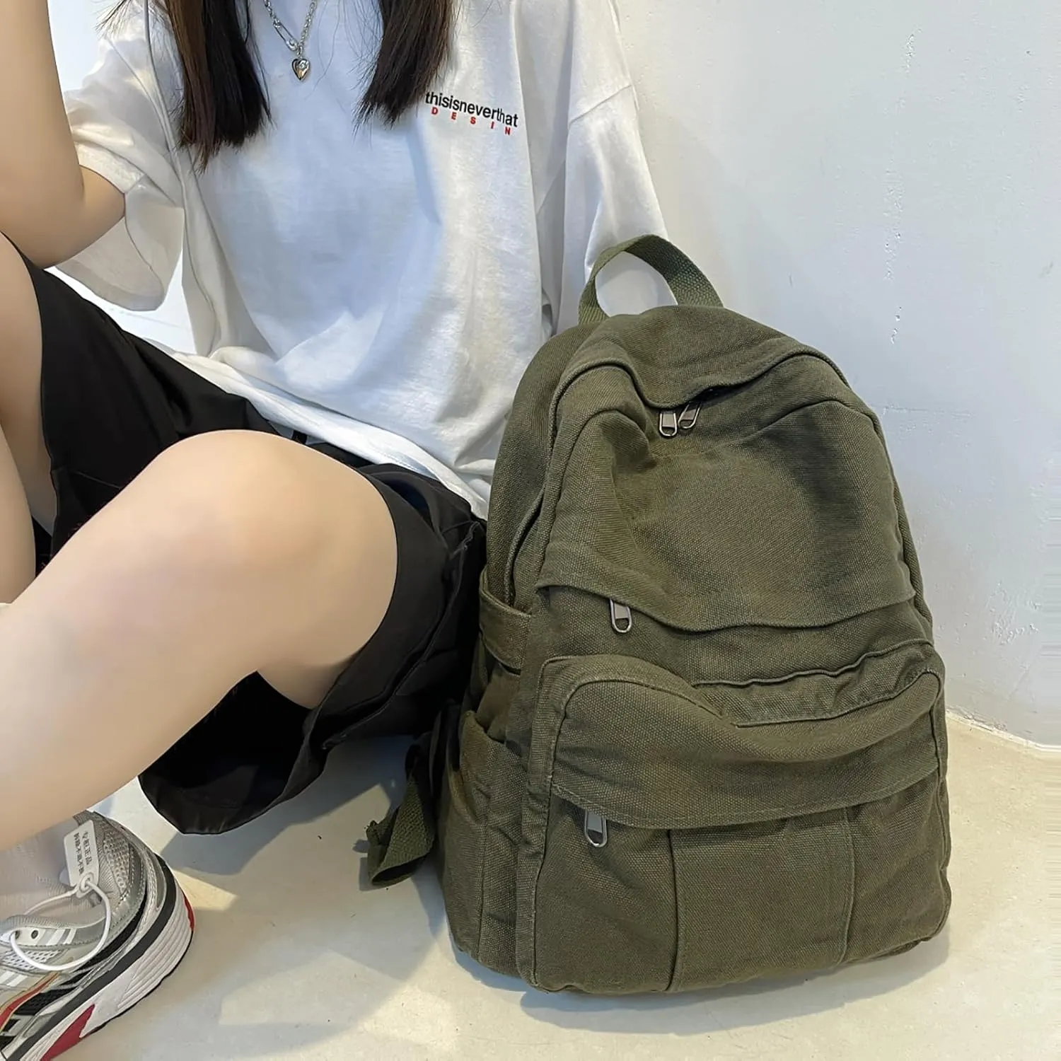 Cute Canvas Backpacks for Women Girls, Aesthetic Laptop Bookbag Vintage Backpack for College High School, Green