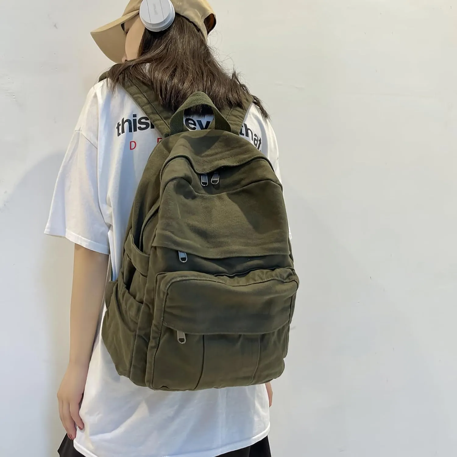 Cute Canvas Backpacks for Women Girls, Aesthetic Laptop Bookbag Vintage Backpack for College High School, Green