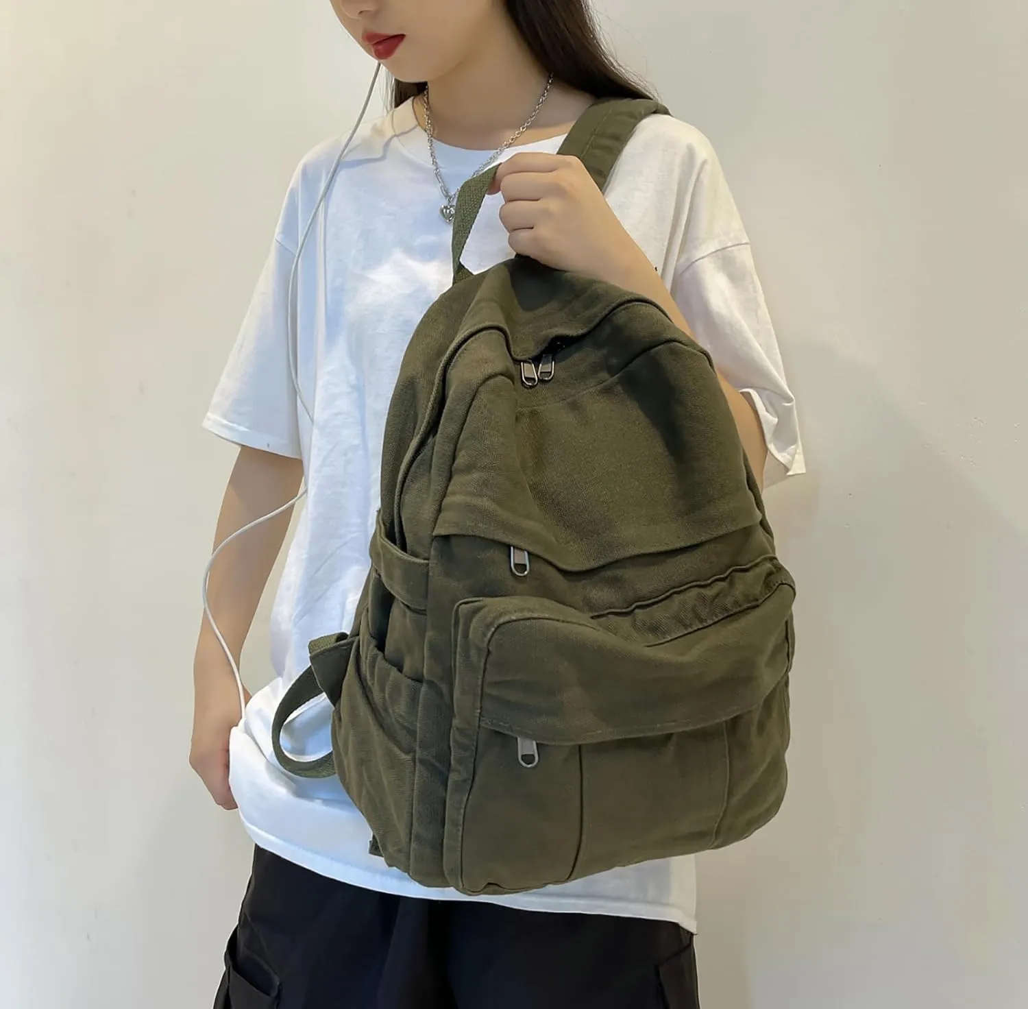 Cute Canvas Backpacks for Women Girls, Aesthetic Laptop Bookbag Vintage Backpack for College High School, Green