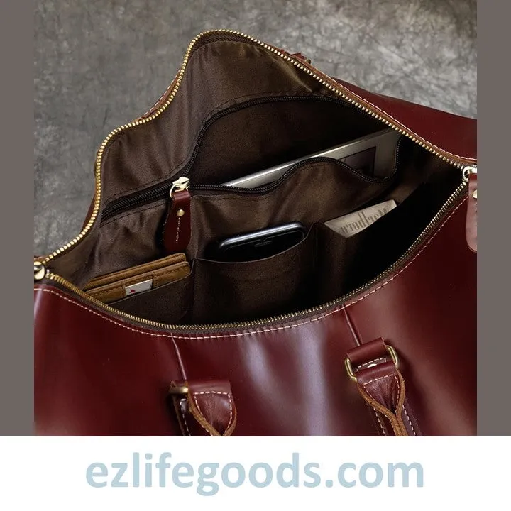 Elegant Polished Genuine Leather Duffle Travel Bag 45 cm in Wine Color Tones