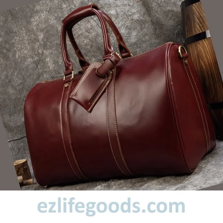 Elegant Polished Genuine Leather Duffle Travel Bag 45 cm in Wine Color Tones