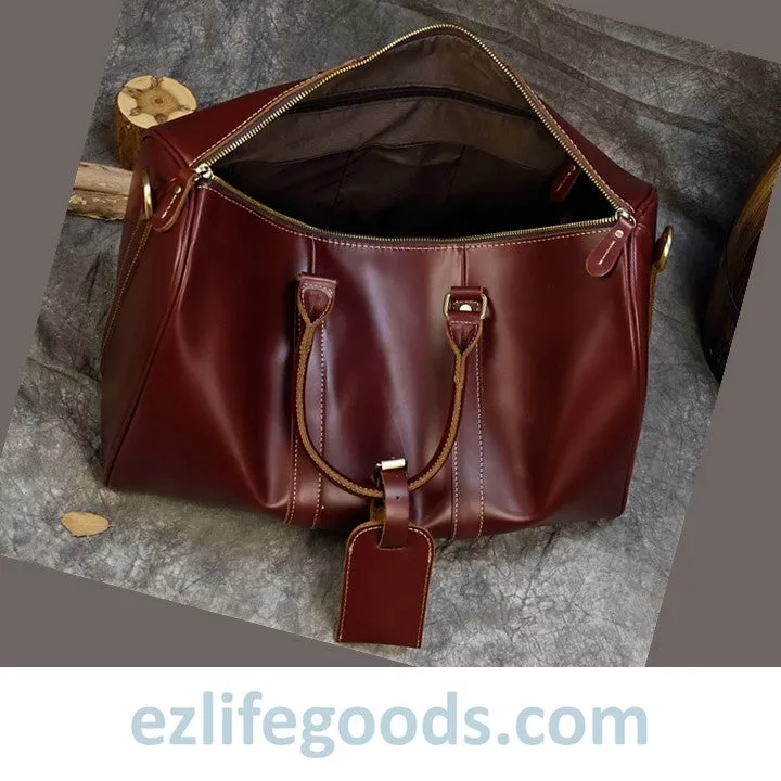 Elegant Polished Genuine Leather Duffle Travel Bag 45 cm in Wine Color Tones