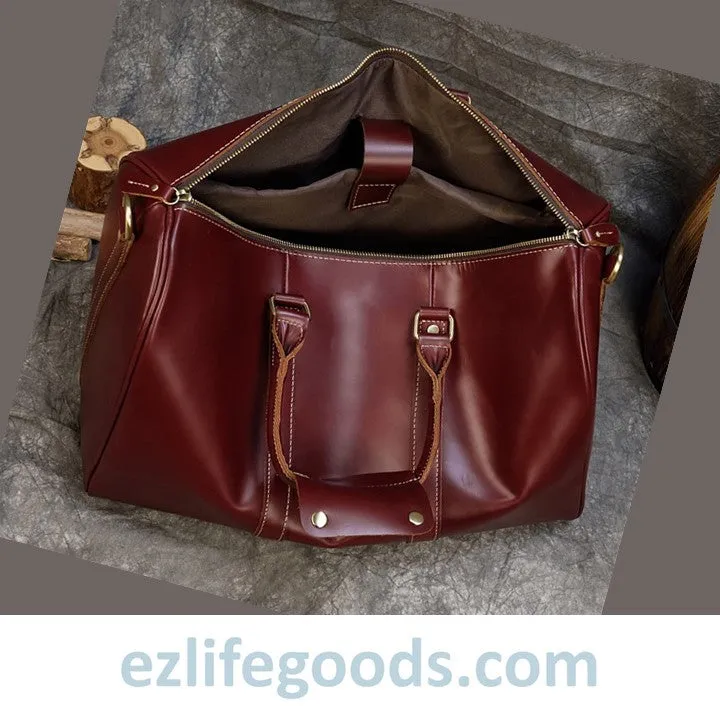 Elegant Polished Genuine Leather Duffle Travel Bag 45 cm in Wine Color Tones