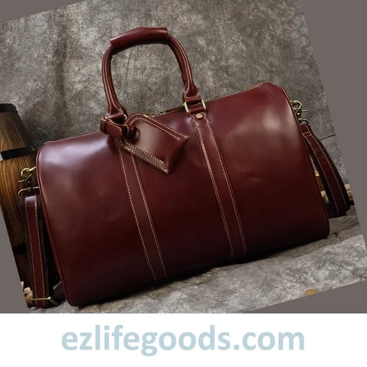 Elegant Polished Genuine Leather Duffle Travel Bag 45 cm in Wine Color Tones