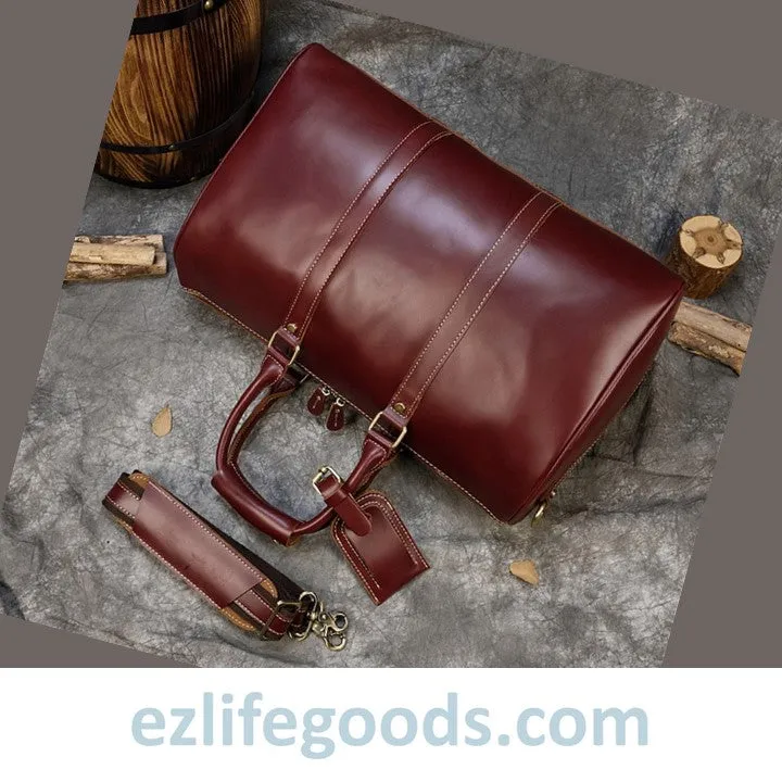 Elegant Polished Genuine Leather Duffle Travel Bag 45 cm in Wine Color Tones