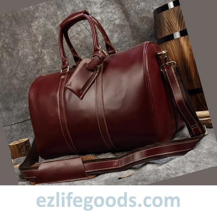 Elegant Polished Genuine Leather Duffle Travel Bag 45 cm in Wine Color Tones