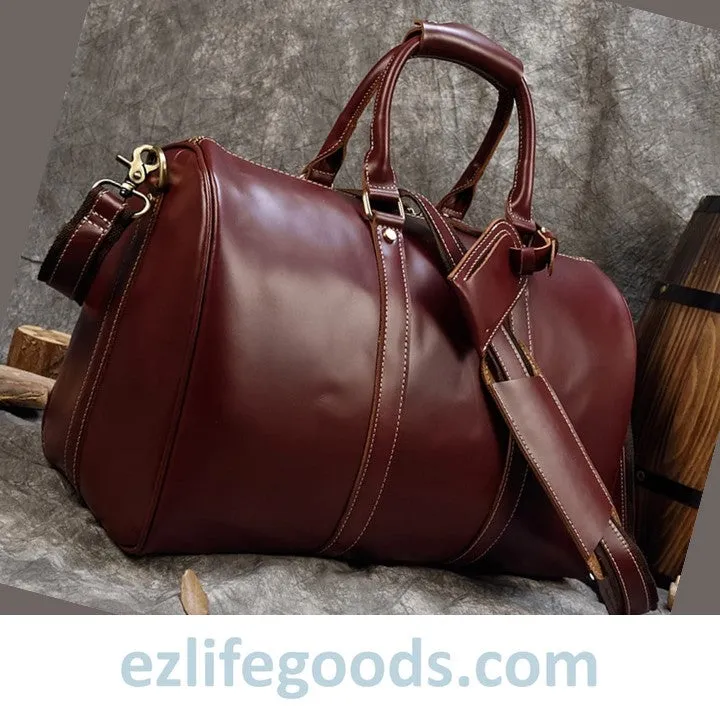 Elegant Polished Genuine Leather Duffle Travel Bag 45 cm in Wine Color Tones