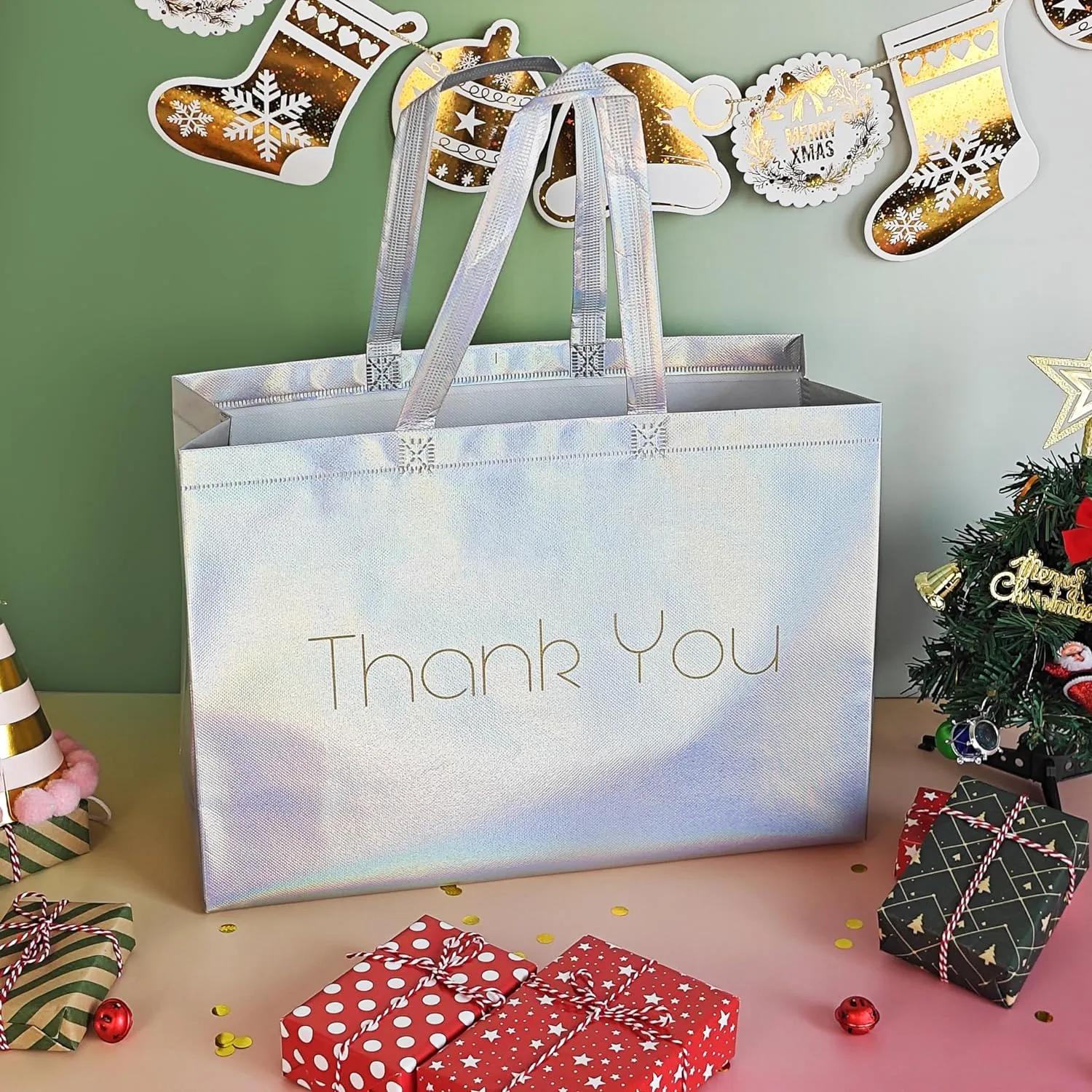 Extra Large Thank You Gift Bags - Set of 24 Bags - 16x12 Inches -Reusable Iridescent Shiny Holographic Boutique Bags With Handles - XL Gift Bags - Perfect for Small Business 16x6x12