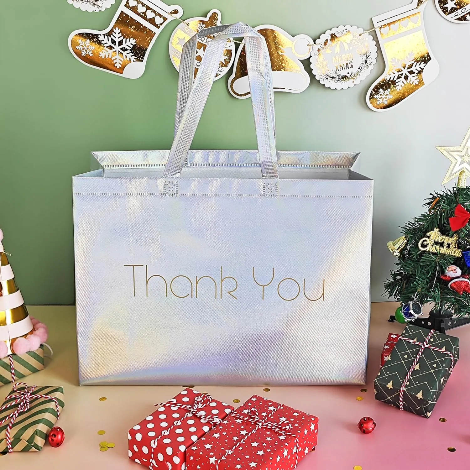 Extra Large Thank You Gift Bags - Set of 24 Bags - 16x12 Inches -Reusable Iridescent Shiny Holographic Boutique Bags With Handles - XL Gift Bags - Perfect for Small Business 16x6x12