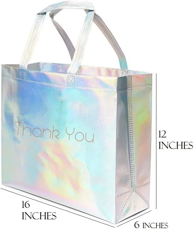 Extra Large Thank You Gift Bags - Set of 24 Bags - 16x12 Inches -Reusable Iridescent Shiny Holographic Boutique Bags With Handles - XL Gift Bags - Perfect for Small Business 16x6x12