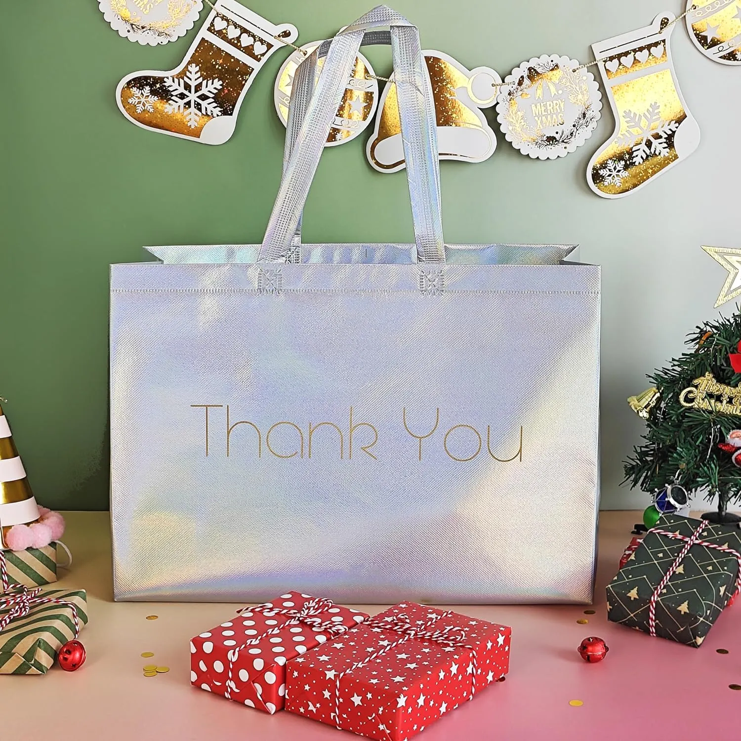 Extra Large Thank You Gift Bags - Set of 24 Bags - 16x12 Inches -Reusable Iridescent Shiny Holographic Boutique Bags With Handles - XL Gift Bags - Perfect for Small Business 16x6x12