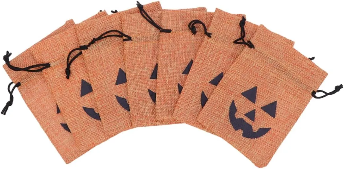 FOYTOKI 10Pcs Halloween Pumpkin Burlap Drawstring Bags Trick Treat Candy Storage Pouches for Halloween Party Favors and Present Bags