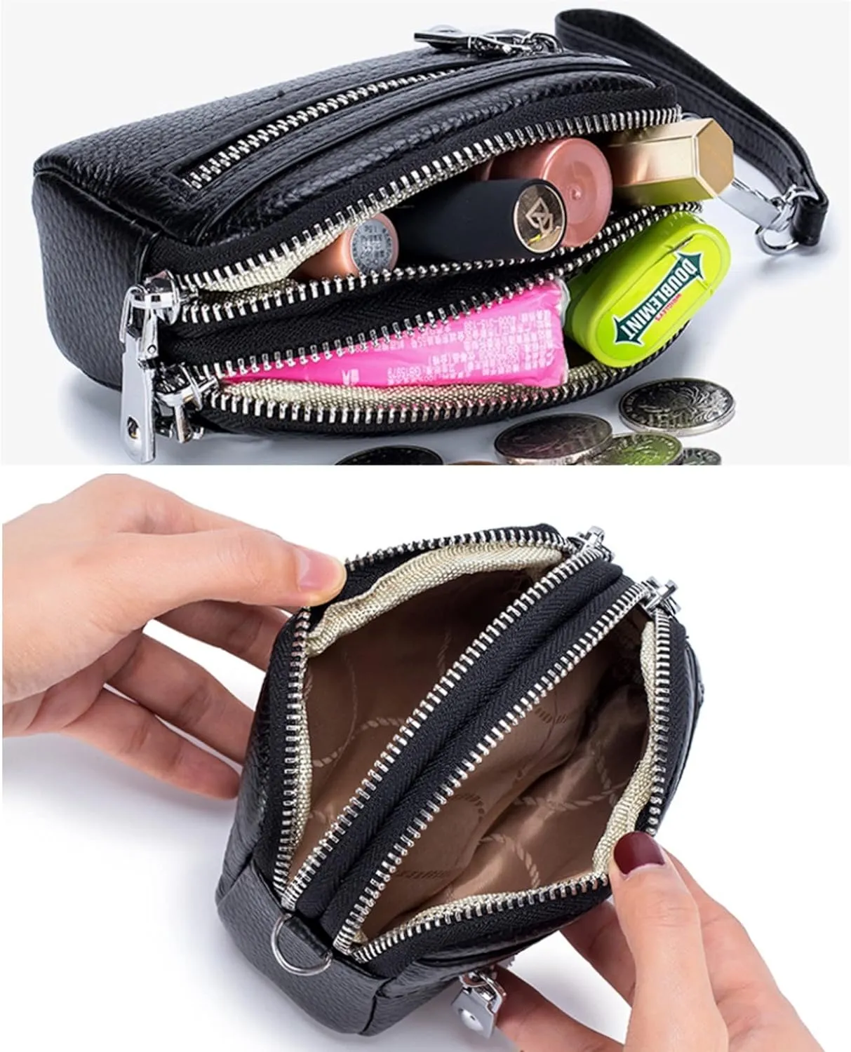 Genuine Leather Mini Wristlet Wallet for Women, 3 Zipped Coin Purse Small Pouch with Wristlet Strap (Green)