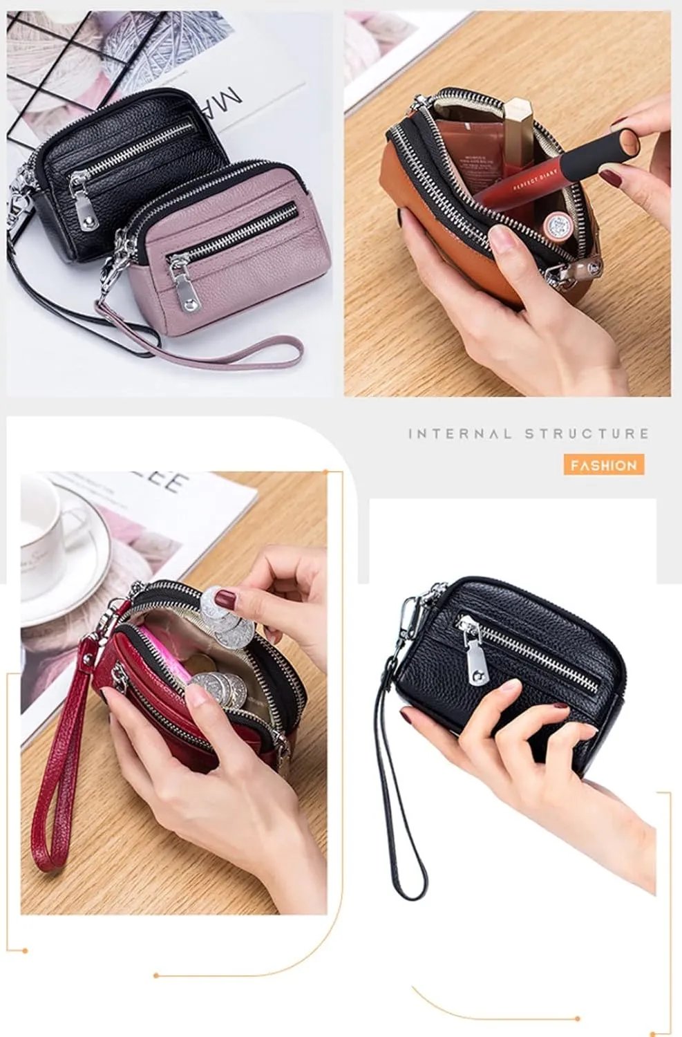 Genuine Leather Mini Wristlet Wallet for Women, 3 Zipped Coin Purse Small Pouch with Wristlet Strap (Green)