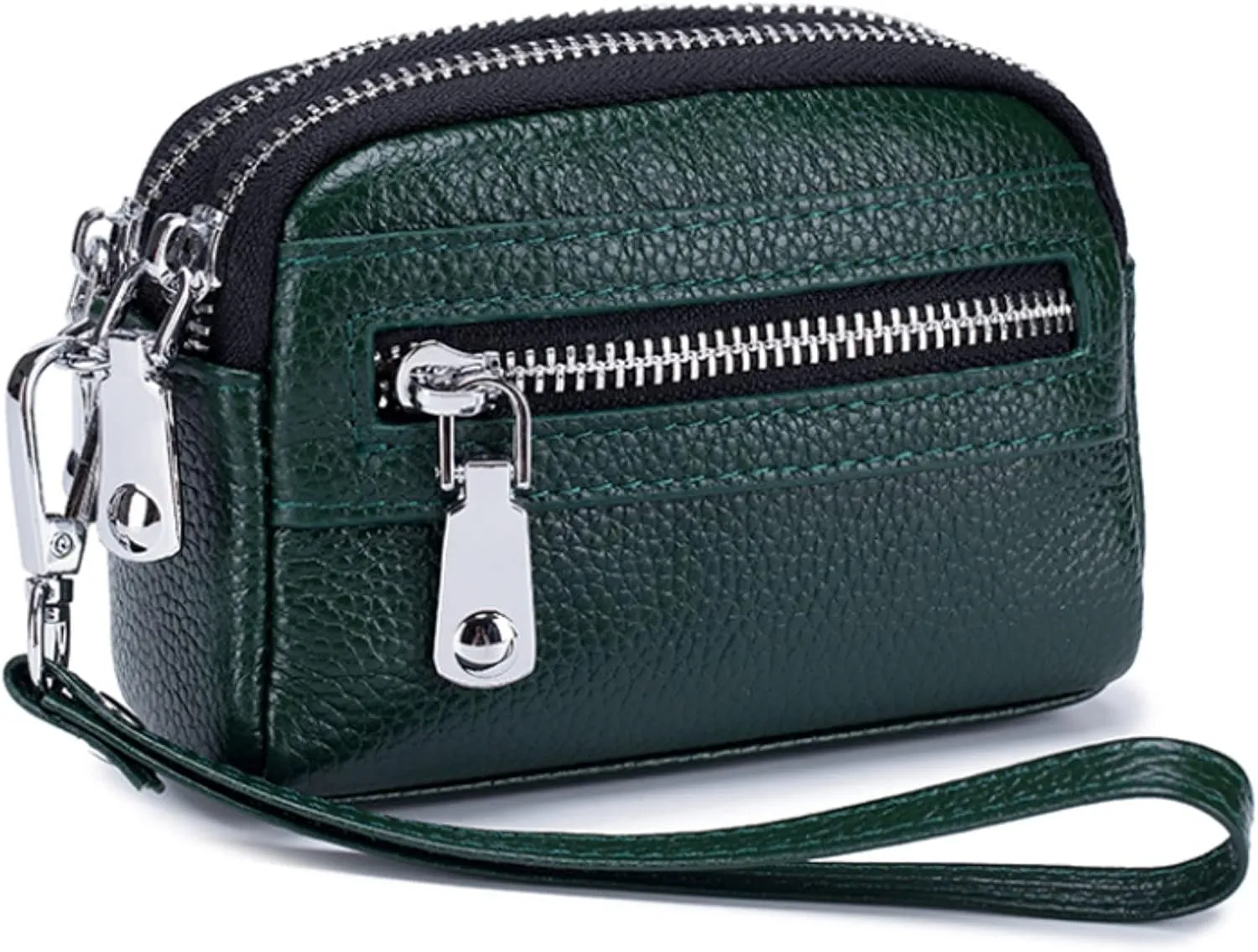 Genuine Leather Mini Wristlet Wallet for Women, 3 Zipped Coin Purse Small Pouch with Wristlet Strap (Green)