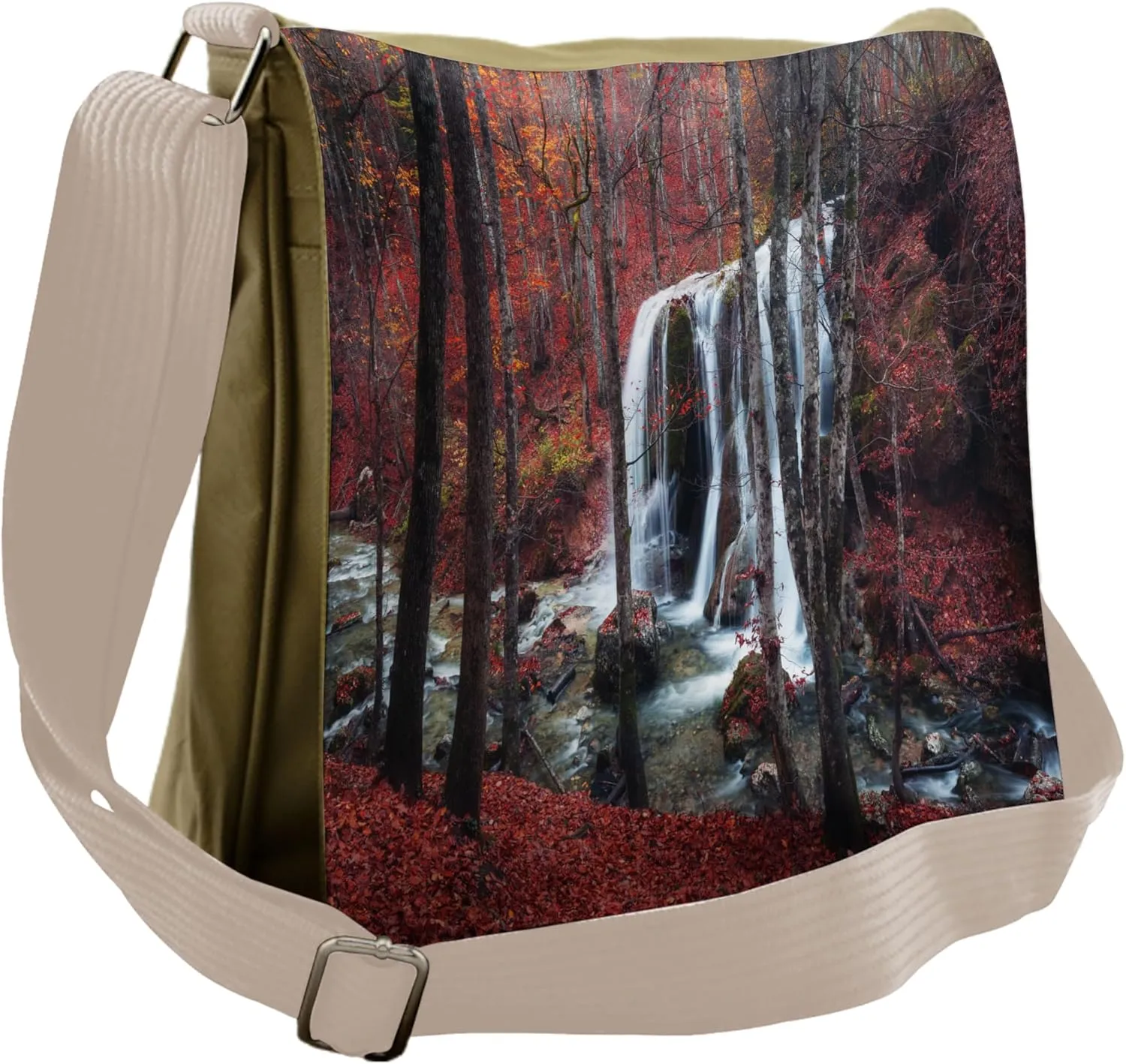 Lunarable Waterfall Messenger Bag, Creek Withering Leaves, Unisex Cross-body