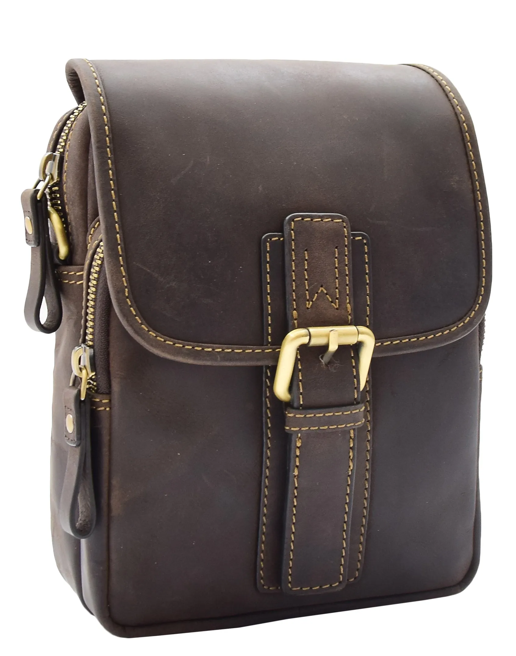 Men's Smart Cross Body Bag Genuine Leather Messenger Brown DR386