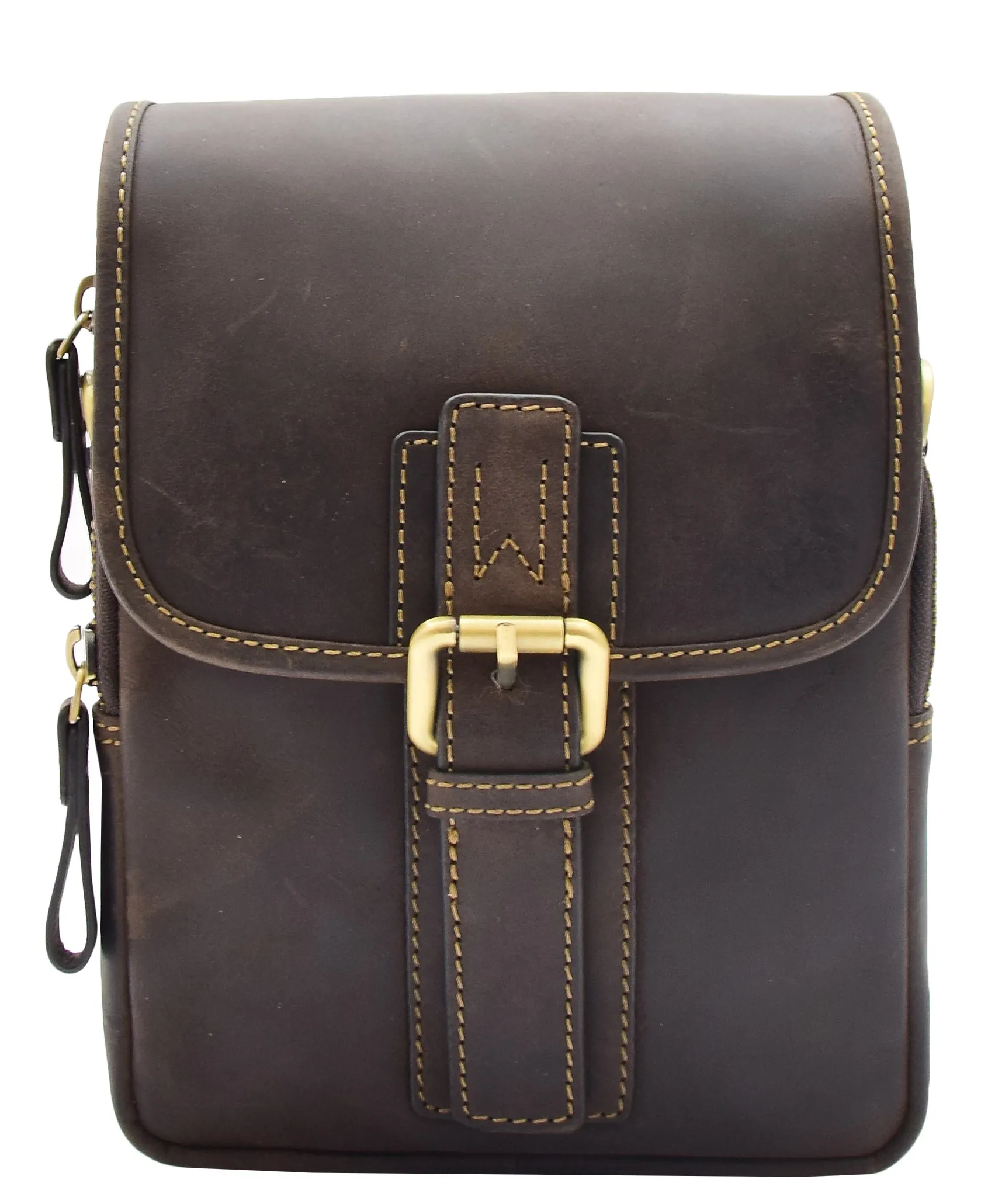 Men's Smart Cross Body Bag Genuine Leather Messenger Brown DR386