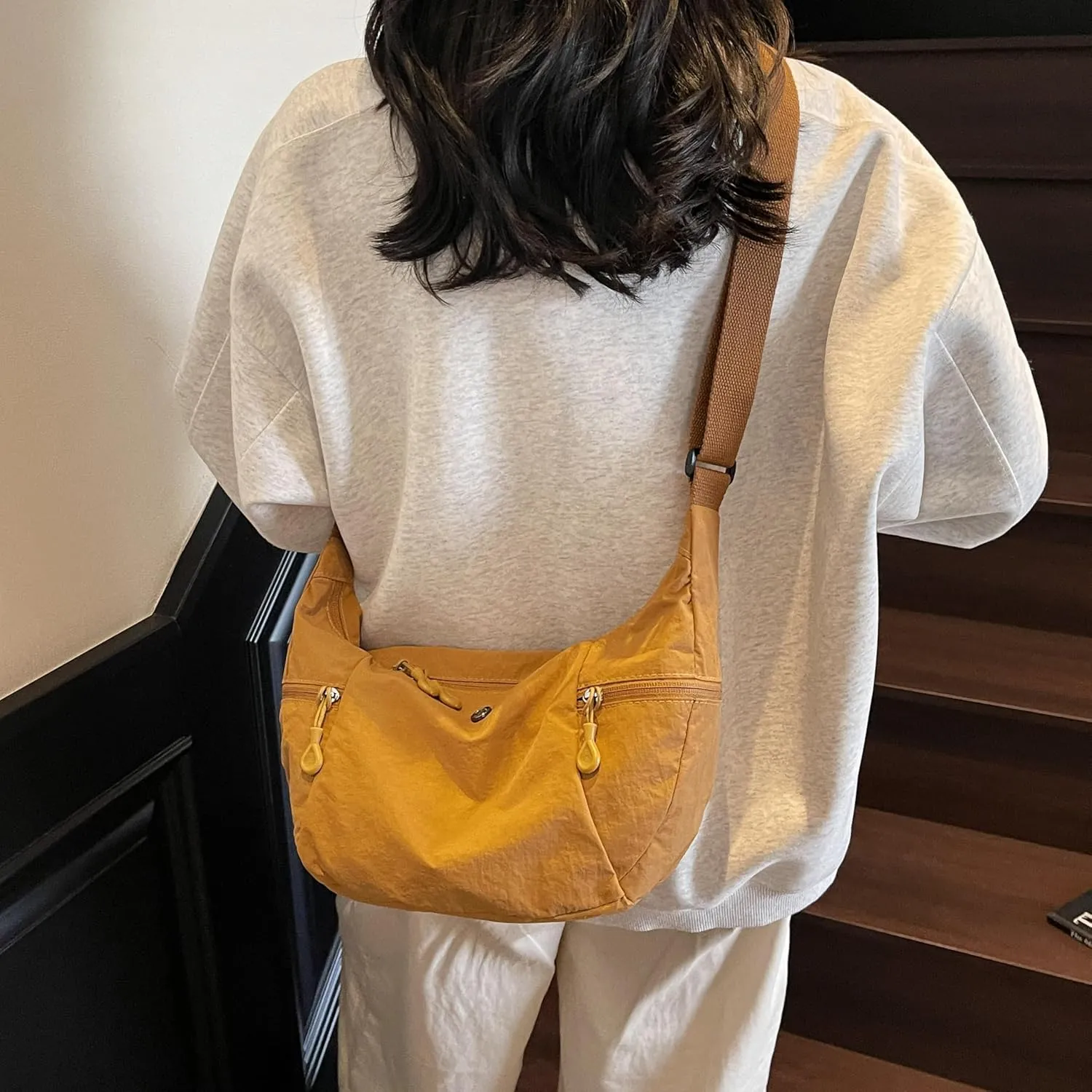 Nylon Crossbody Bag for Women, Lightweight Shoulder Purse with Zipper, Trendy Crescent Sling Bag with Adjustable Stap