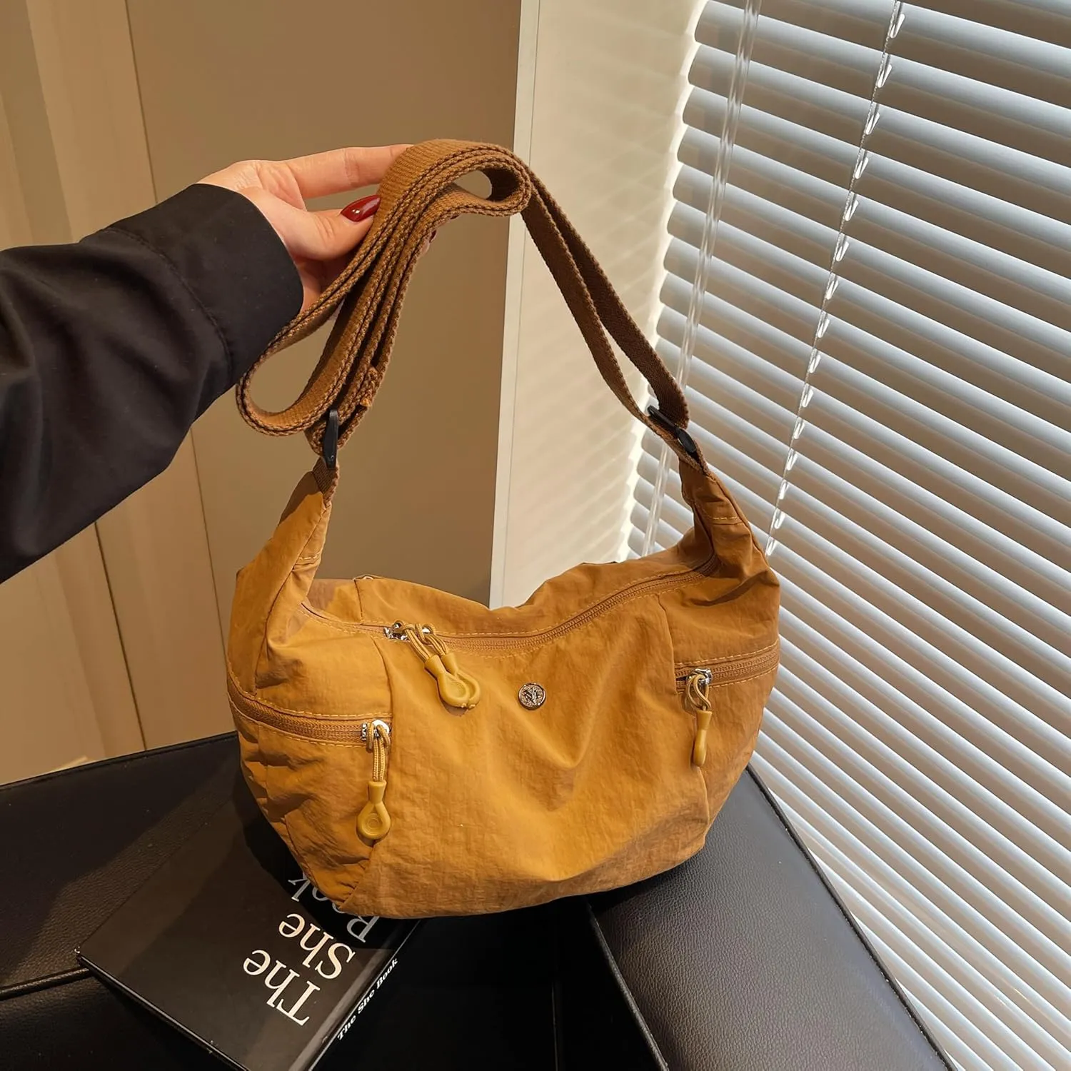 Nylon Crossbody Bag for Women, Lightweight Shoulder Purse with Zipper, Trendy Crescent Sling Bag with Adjustable Stap