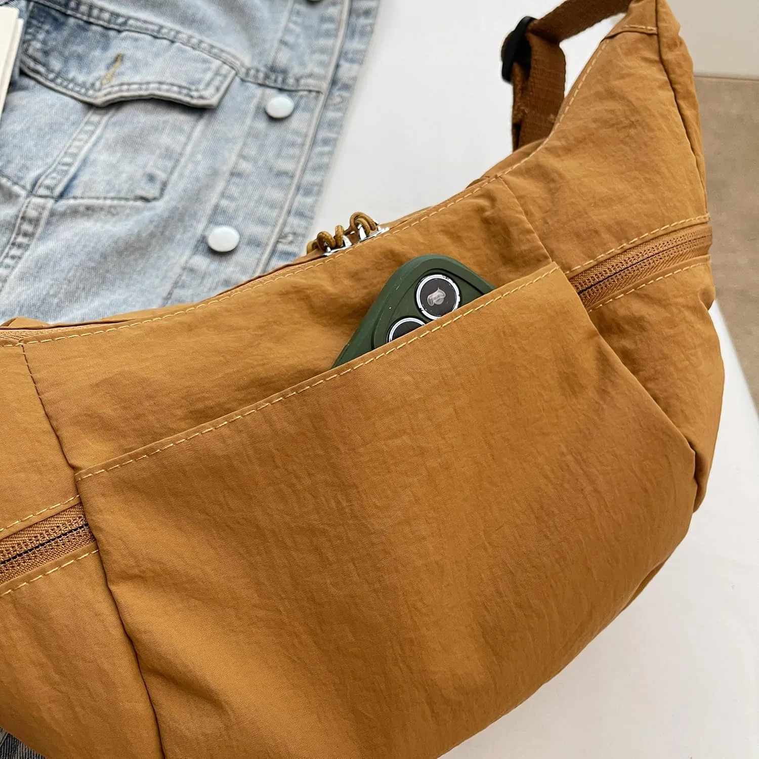 Nylon Crossbody Bag for Women, Lightweight Shoulder Purse with Zipper, Trendy Crescent Sling Bag with Adjustable Stap