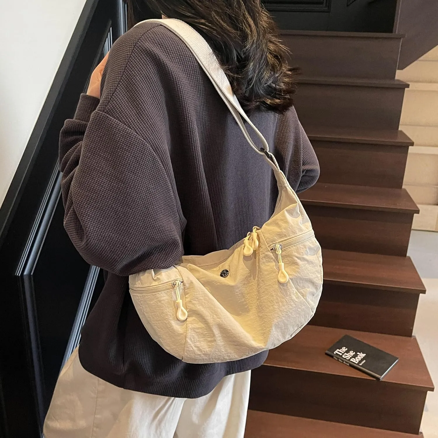 Nylon Crossbody Bag for Women, Lightweight Shoulder Purse with Zipper, Trendy Crescent Sling Bag with Adjustable Stap