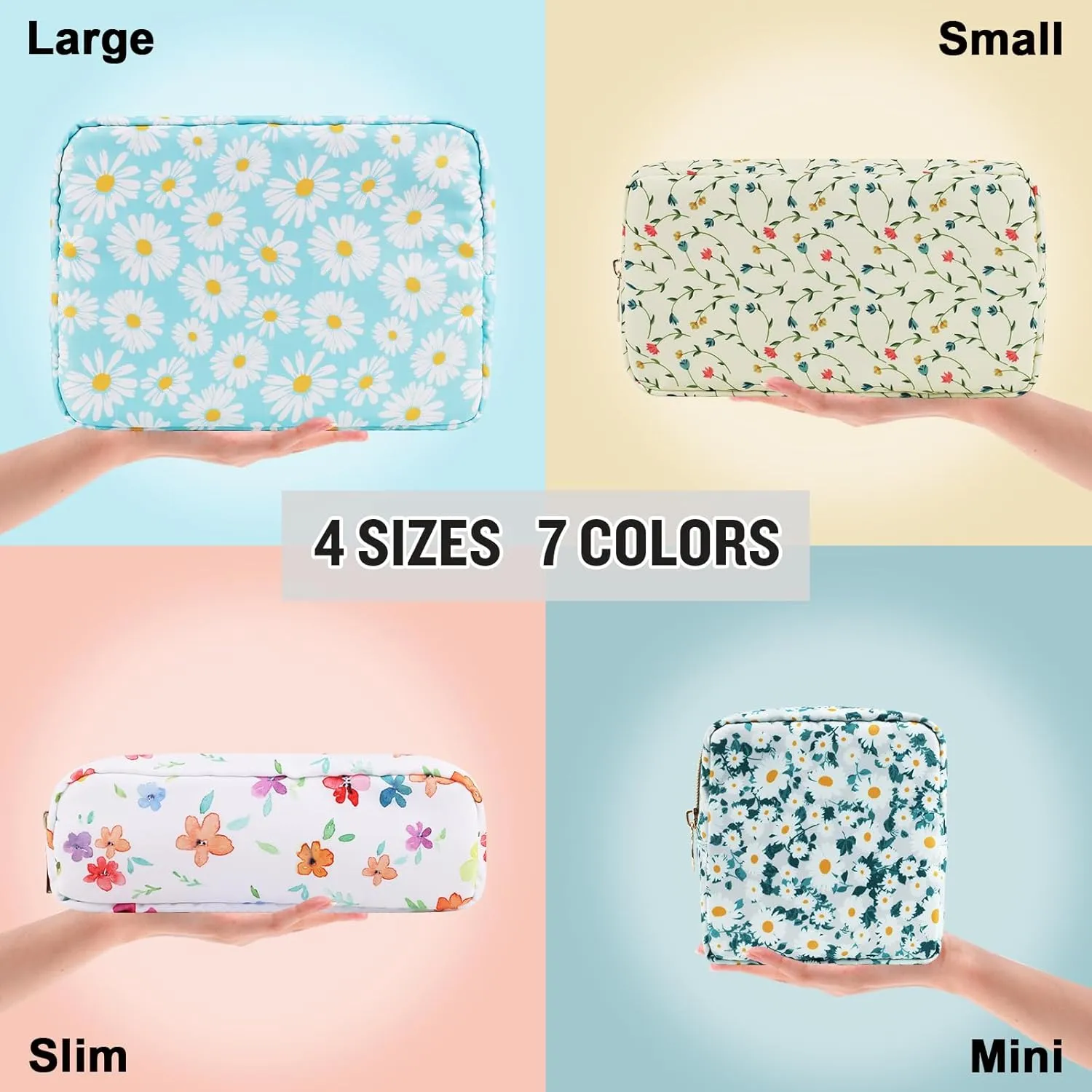 Nylon Mini Floral Makeup Bag for Purse, Small Cute Travel Makeup Bag Preppy Flower Cosmetic Zipper Pouch, Waterproof Coin Pouch Sanitary Napkin Storage Bag Make Up Organizer Set for Women(Blue-Daisy)