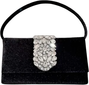 QWINEE Women's Velvet Sparkling Rhinestone Evening Handbags Cocktail Party Clutch Chain Mini Square Crossbody Handbags
