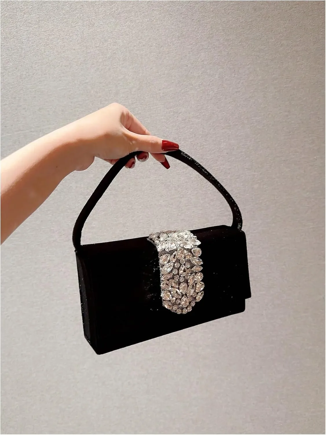 QWINEE Women's Velvet Sparkling Rhinestone Evening Handbags Cocktail Party Clutch Chain Mini Square Crossbody Handbags