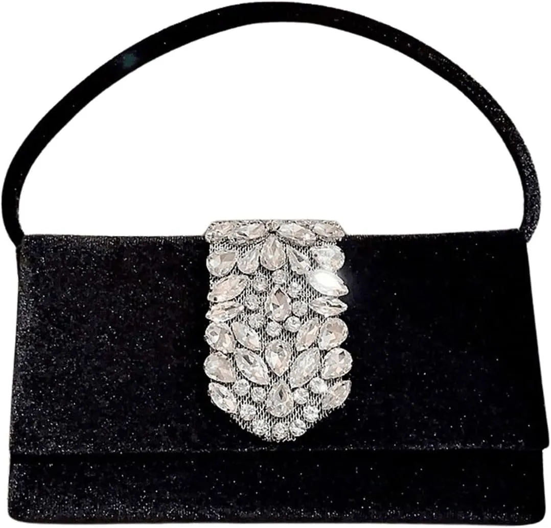 QWINEE Women's Velvet Sparkling Rhinestone Evening Handbags Cocktail Party Clutch Chain Mini Square Crossbody Handbags