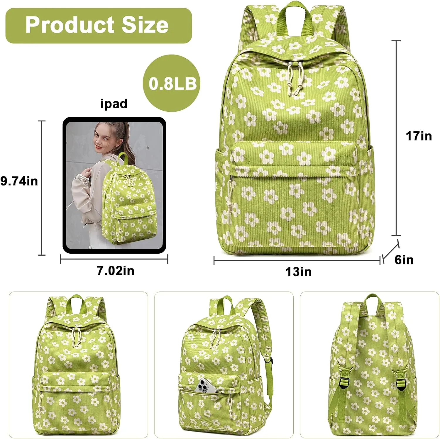 School Backpack for Teen Girls Bookbags Elementary High School Corduroy Laptop Bags Women Travel Daypacks