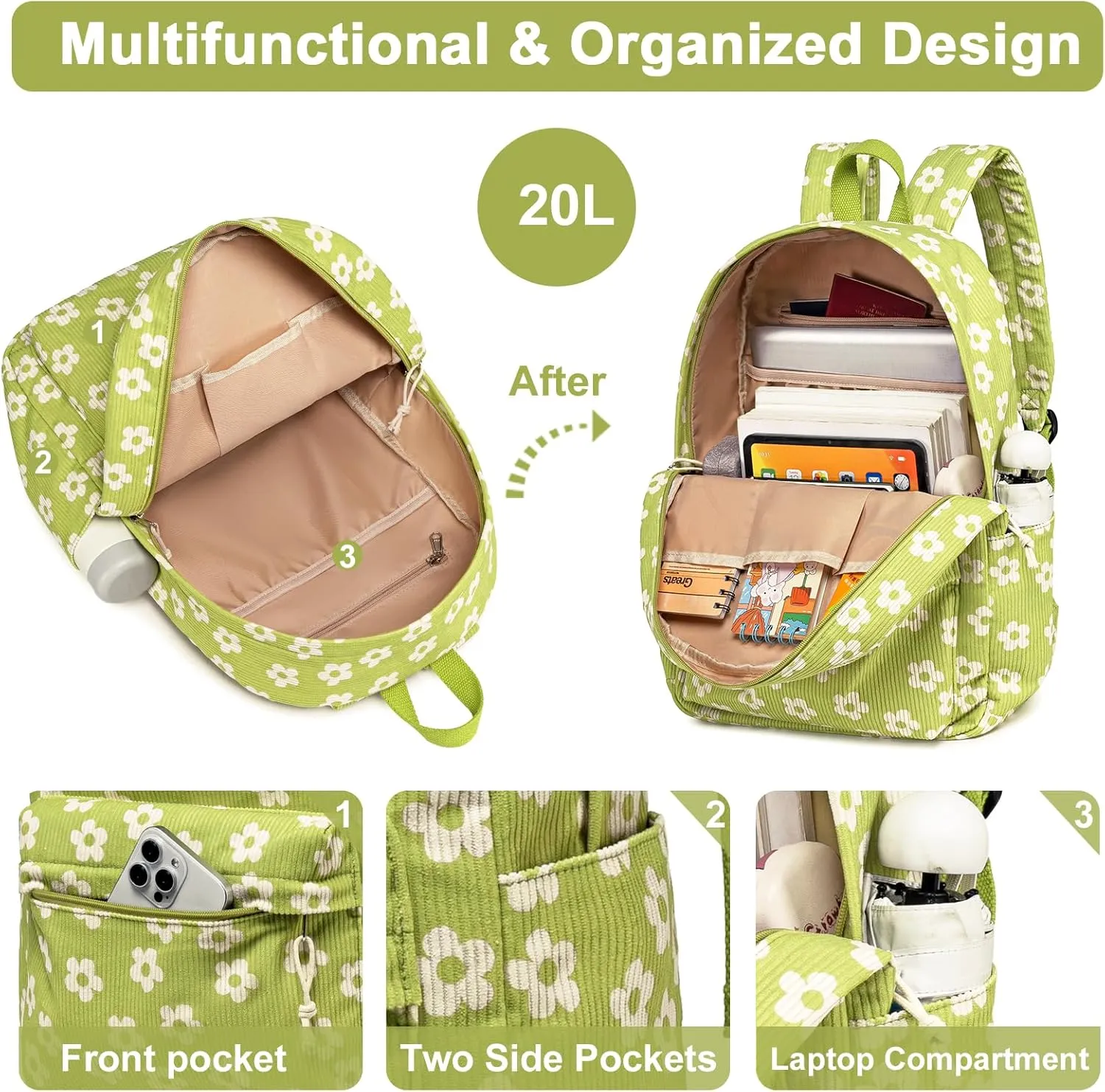 School Backpack for Teen Girls Bookbags Elementary High School Corduroy Laptop Bags Women Travel Daypacks