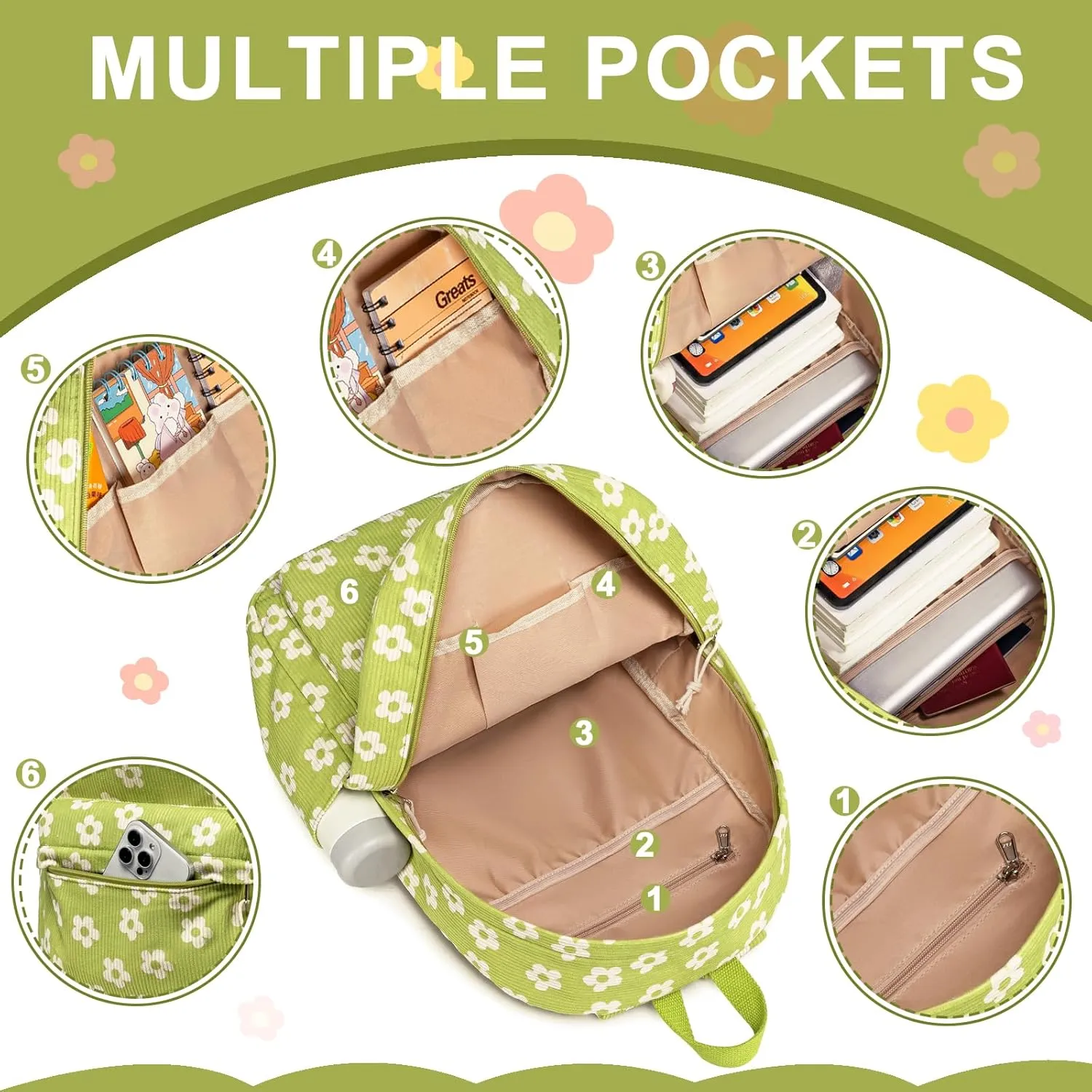 School Backpack for Teen Girls Bookbags Elementary High School Corduroy Laptop Bags Women Travel Daypacks