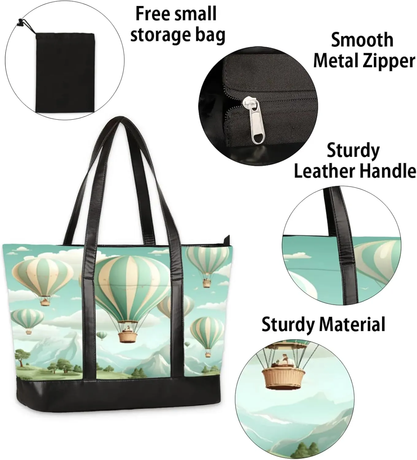 Women Tote Bag with Zipper, Shopper Handbag Travel Purse, PU Leather Laptop Tote Bags