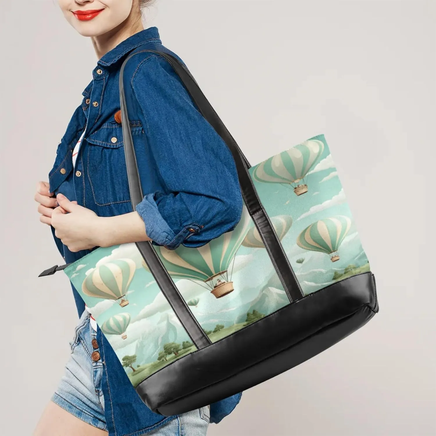 Women Tote Bag with Zipper, Shopper Handbag Travel Purse, PU Leather Laptop Tote Bags