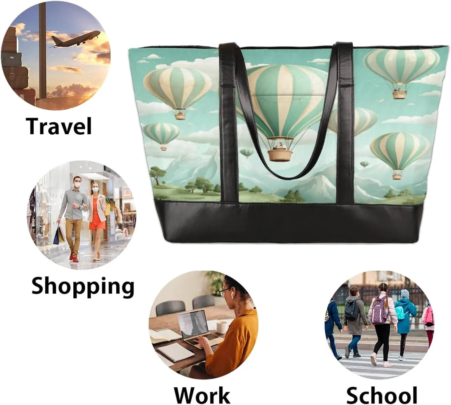 Women Tote Bag with Zipper, Shopper Handbag Travel Purse, PU Leather Laptop Tote Bags
