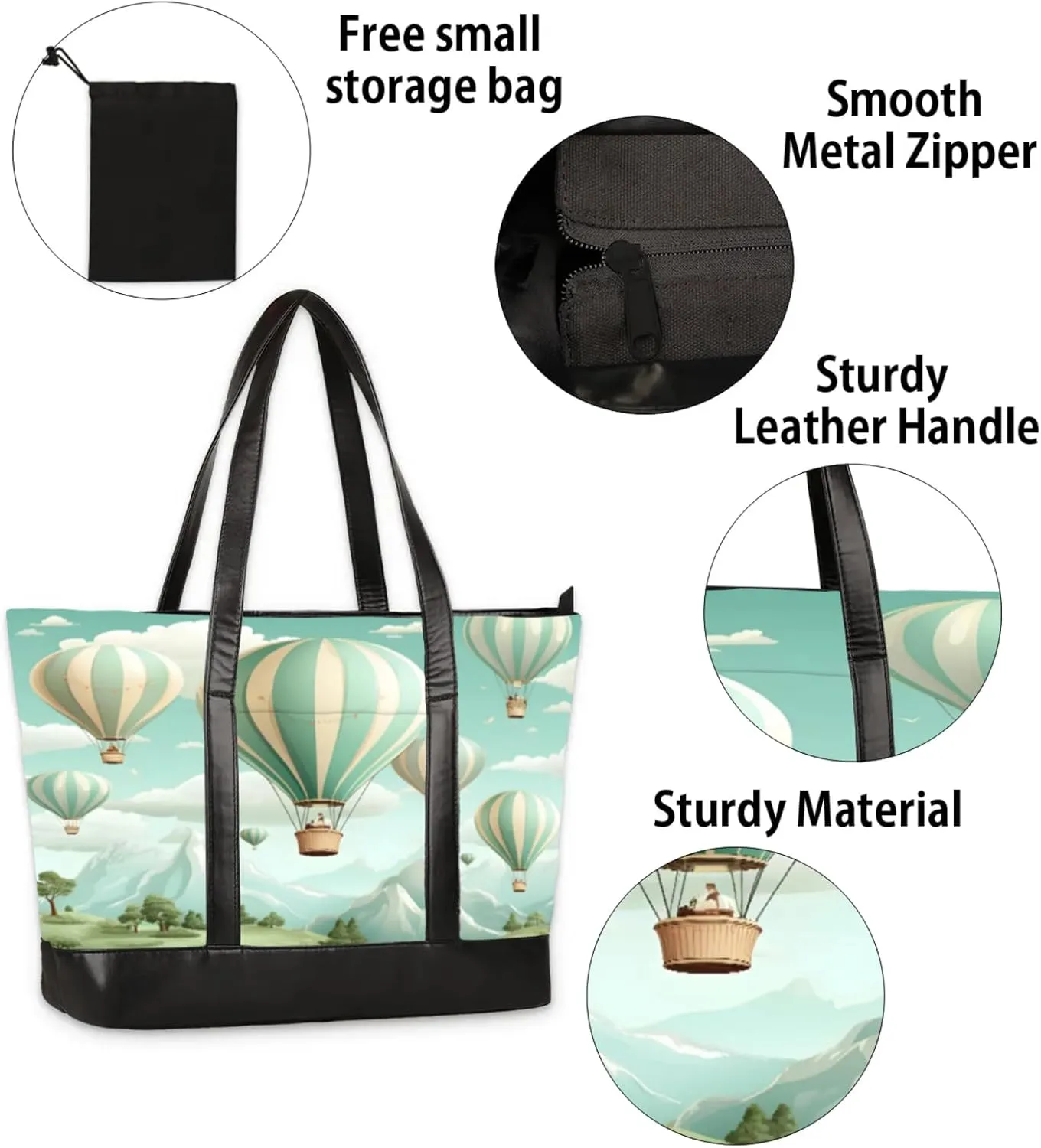 Women Tote Bag with Zipper, Shopper Handbag Travel Purse, PU Leather Laptop Tote Bags